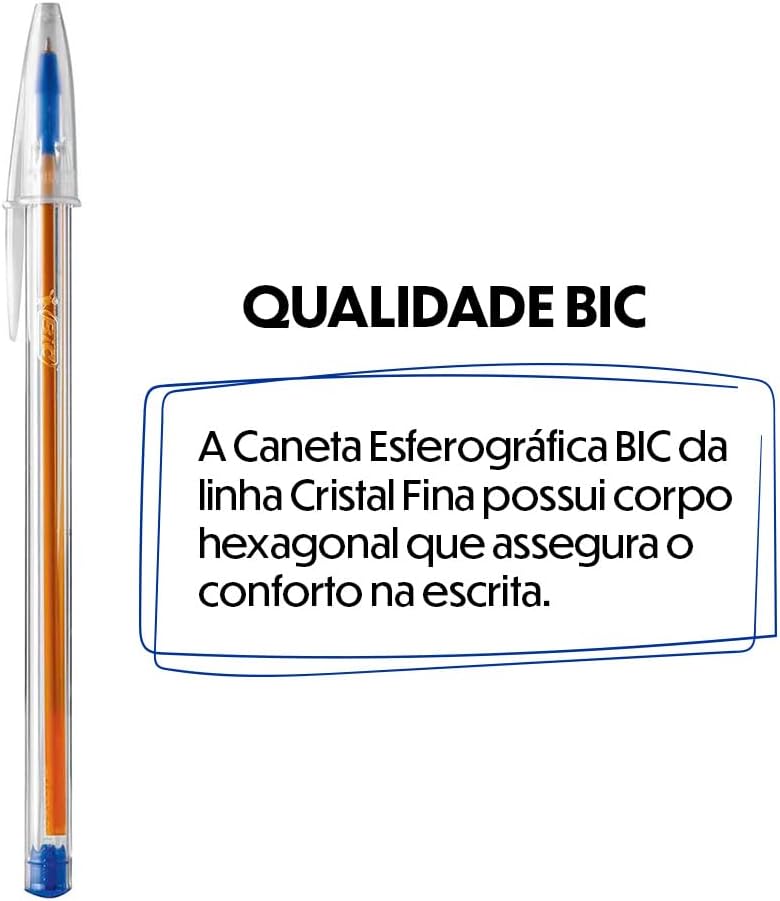 Caneta Esferográfica Azul de Ponta Fina Bic Cristal Precisão – Ponta Ultra Fina de 0.8mm. Escrita Macia e Cor Intensa