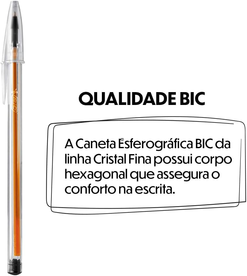 Caneta Esferográfica Preta de Ponta Fina Bic Cristal Precisão e Suavidade – Ponta Ultra Fina de 0.8mm. Escrita Macia e Cor Intensa