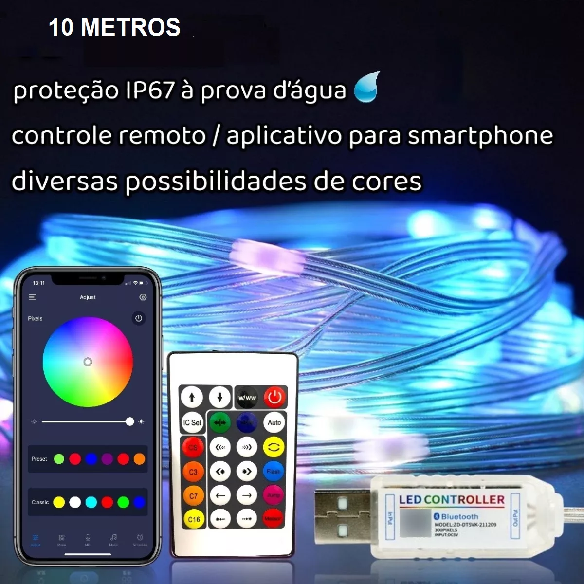 Fita Led Colorida 10mt Prova Dagua Bluethooth Usb Controle Cor da luz RGB Tensão de operação 5V 110V/220V 