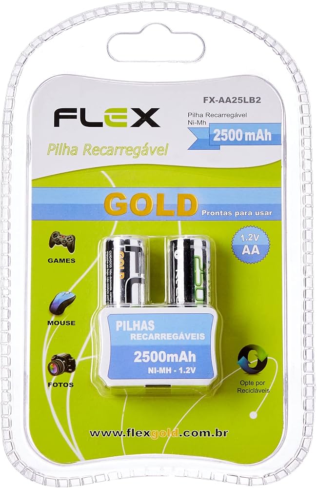  Cartela com 2 pilhas recarregáveis AA flex 2500mAh