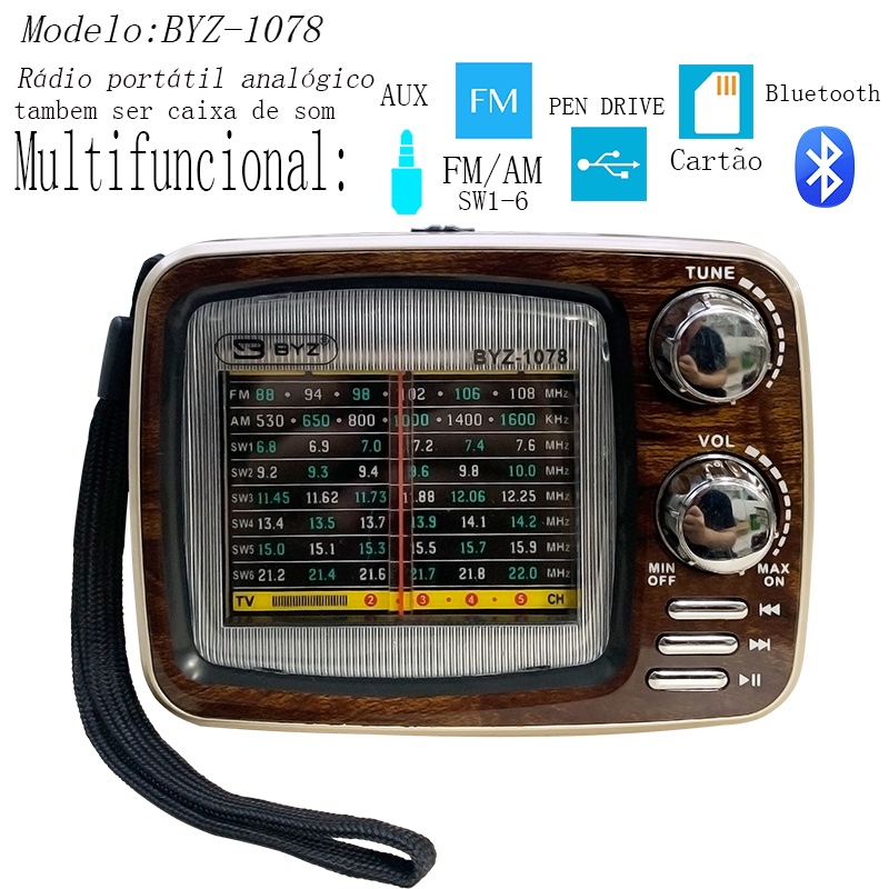 BYZ-1078 Rádio Caixa de som Bluetooth FM AM SW1-6 USB AUX/CATAO Estilo retrô alta qualidade de som