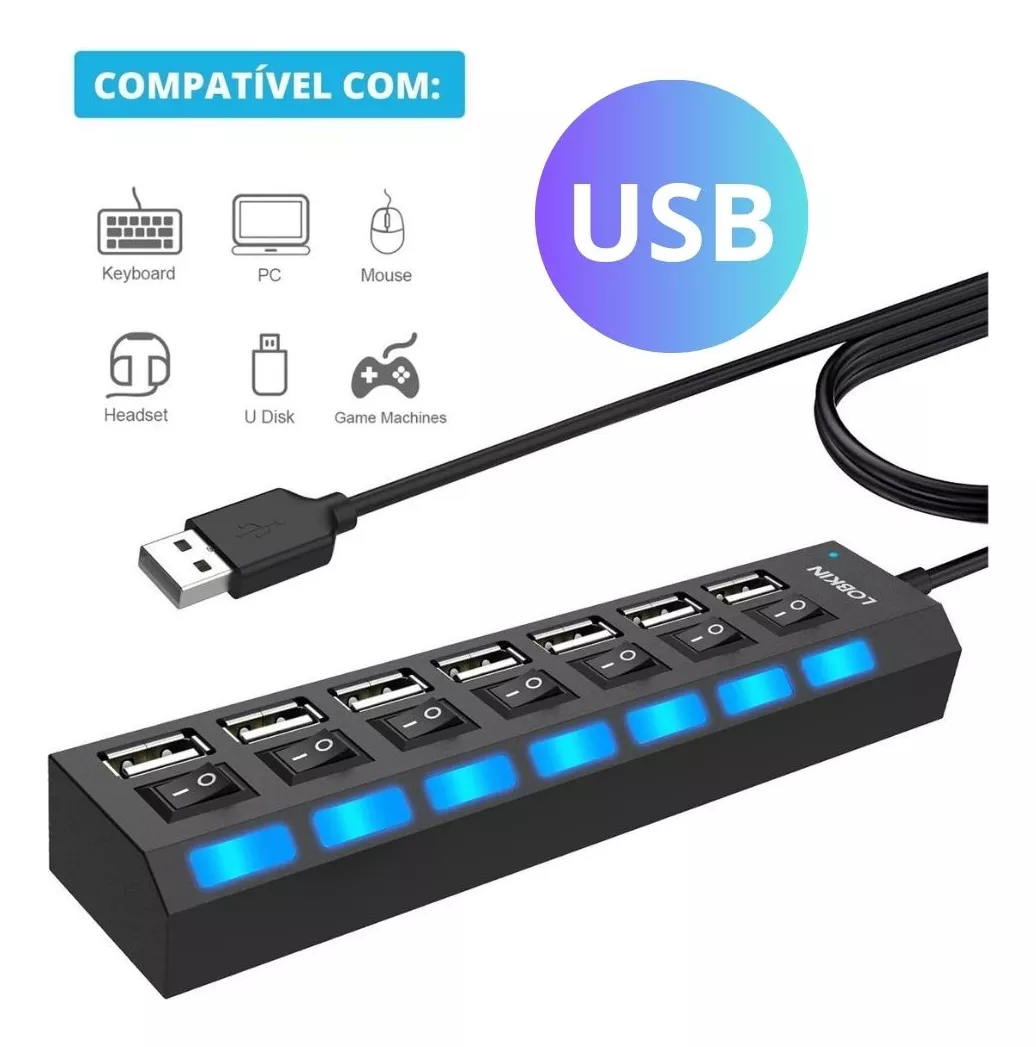 Hub Adaptador Usb 2.0 Multi 7 Portas Plug And Play Extensor